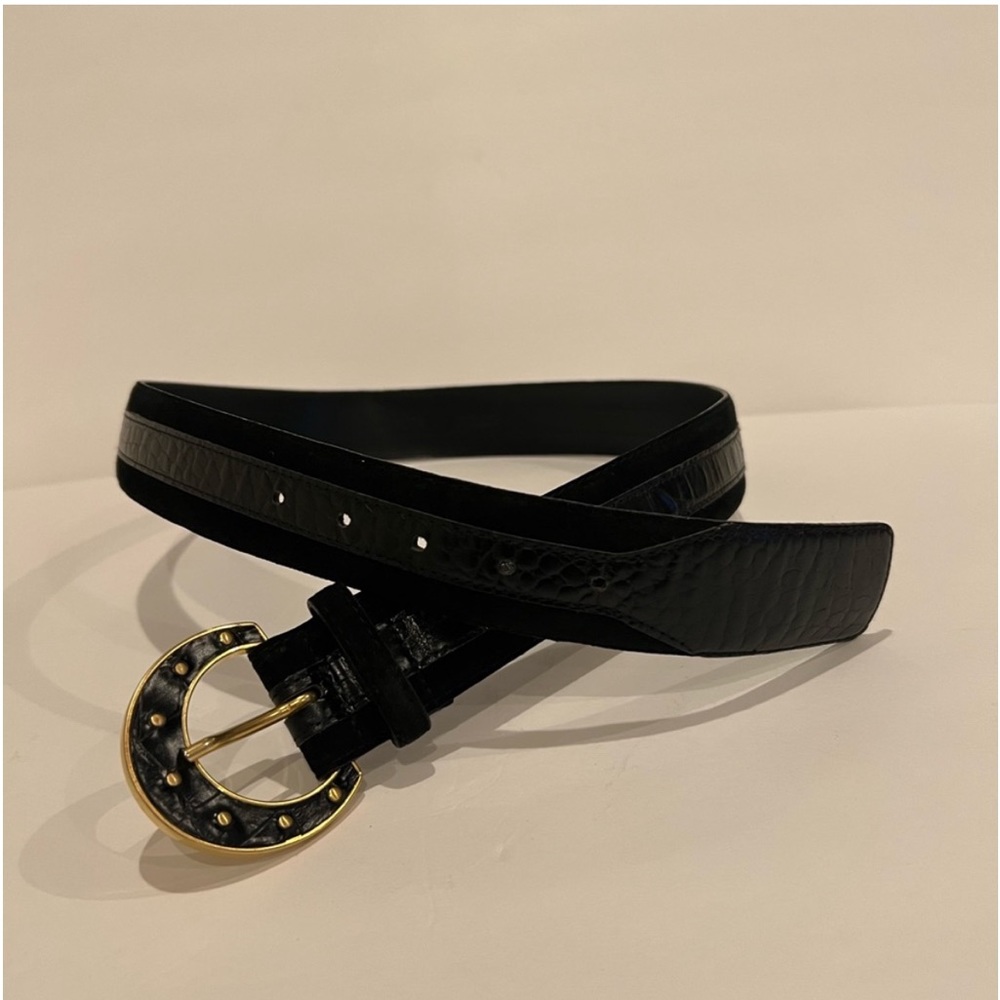 Vintage Carlisle Black Croc on Suede Belt Gold Ornamental Buckle Large And M - Picture 5 of 9